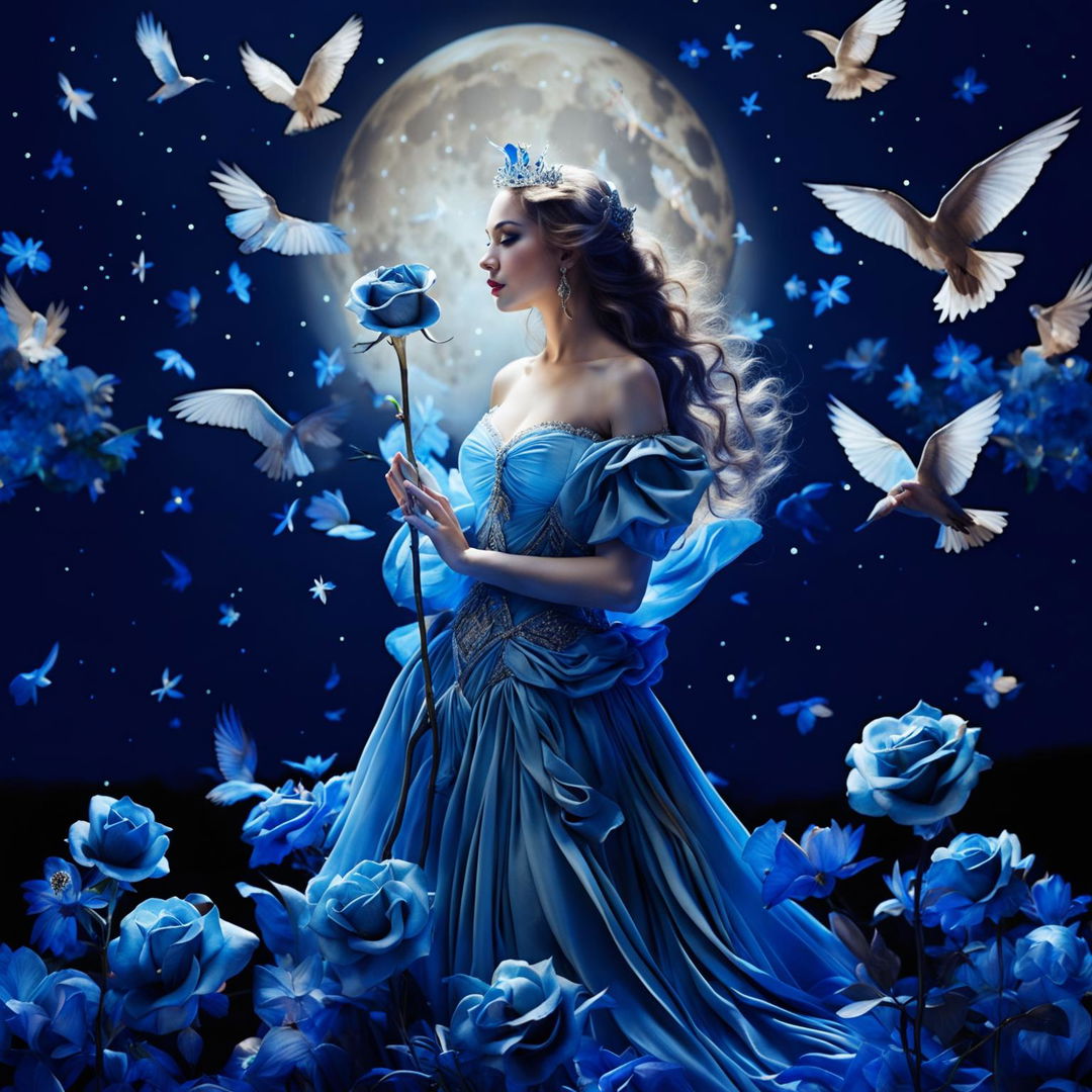 A woman dressed in princess attire holding a uniquely colored rose, surrounded by blue roses