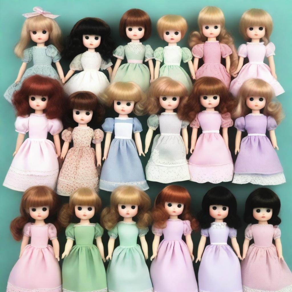 A collection of porcelain dolls, each with distinct features