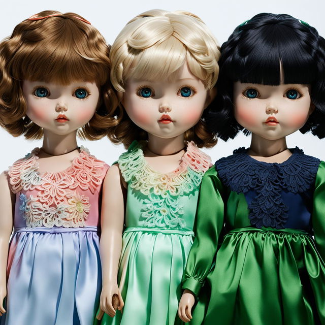 A set of four porcelain dolls with unique features: one with curly blonde hair, brown eyes, and a pink dress; another with short hair and bangs, blue eyes, a scar on the face, and a pastel purple dress; a third with wavy blonde hair, green eyes, and a green dress; and the last with straight black hair, dark brown eyes, a perfect mouth, and a baby blue dress