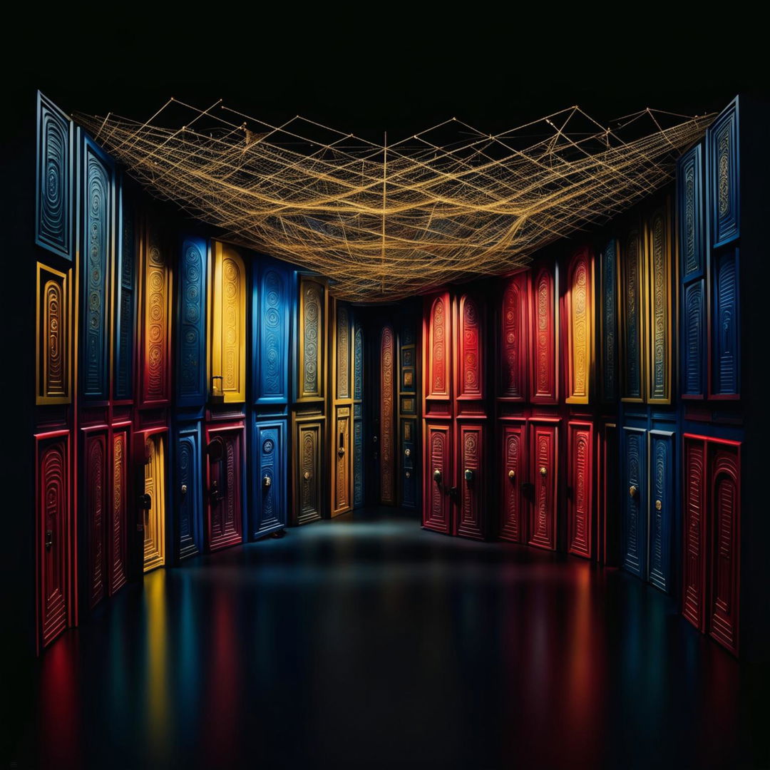 A dark room with black walls, ceiling, and floor filled with blue, yellow, and red doors on every side