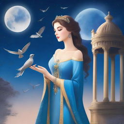 A beautiful woman in princess attire stands under a full moon night, gazing at the sky with birds flying around