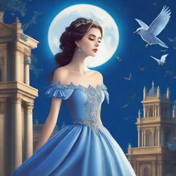 A beautiful woman in princess attire stands under a full moon night, gazing at the sky with birds flying around