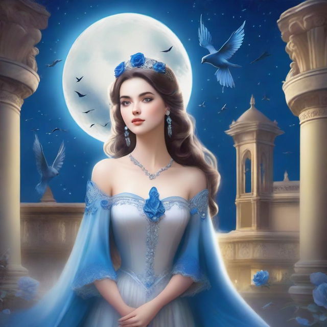 A beautiful woman in princess attire stands under a full moon night, gazing at the sky with birds flying around