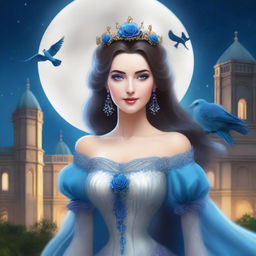 A beautiful woman in princess attire stands under a full moon night, gazing at the sky with birds flying around