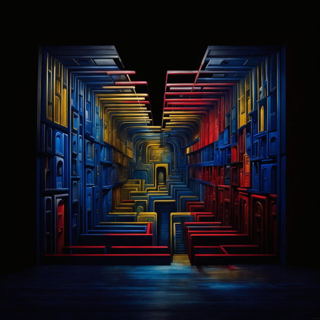 A dark room with black walls, floor, and ceiling, covered with blue, yellow, and red doors on all sides