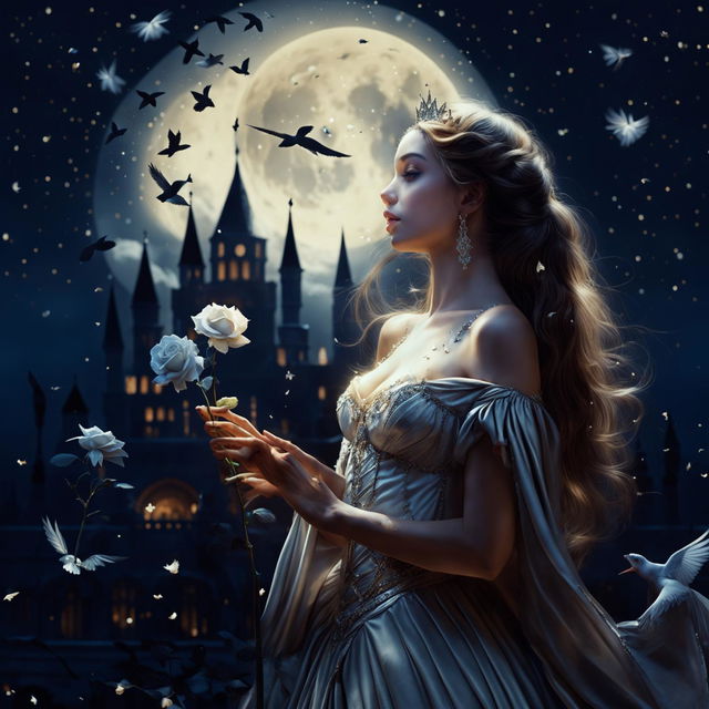 A beautiful woman in princess attire stands under a full moon night, holding a silver rose and gazing at the sky with birds flying around