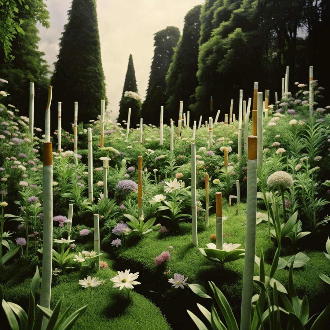 A surreal garden where cigarettes grow instead of flowers