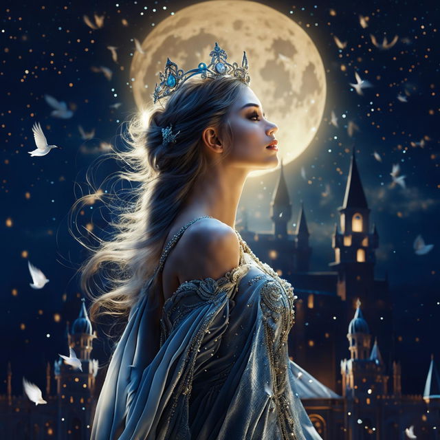 A beautiful woman in princess attire, with a crown featuring a silver rose, stands under a full moon night, gazing at the sky with birds flying around