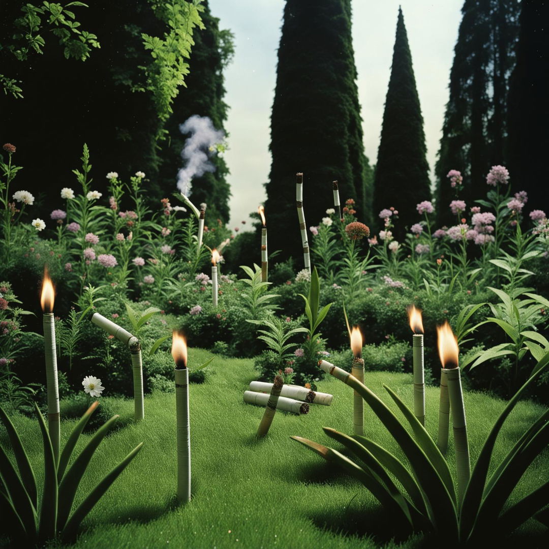 A surreal garden where lit cigarettes grow instead of flowers