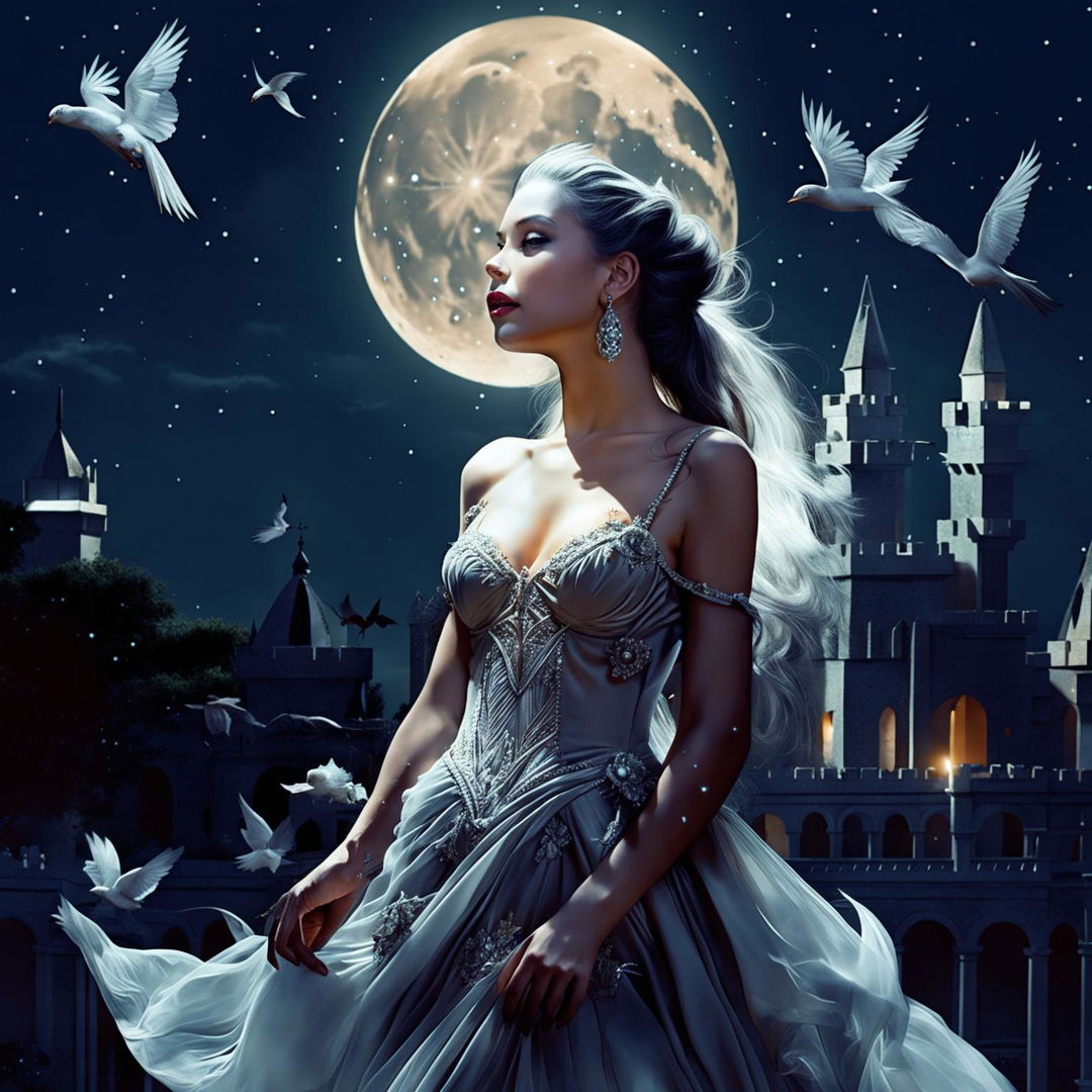 A beautiful woman in princess attire with a silver rose placed between her breasts stands under a full moon night, gazing at the sky with birds flying around