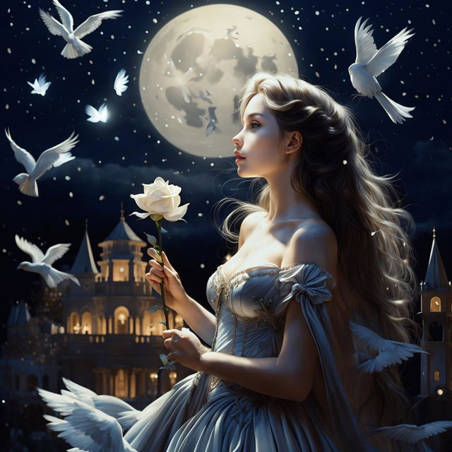 A beautiful woman in princess attire stands under a full moon night, holding a silver rose and gazing at the sky with white birds flying around