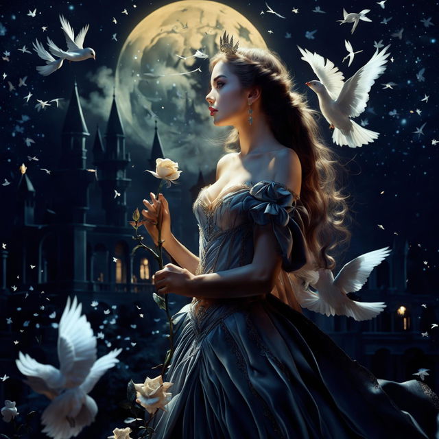 A beautiful woman in princess attire stands under a full moon night, holding a dark-colored rose and gazing at the sky with white birds flying around