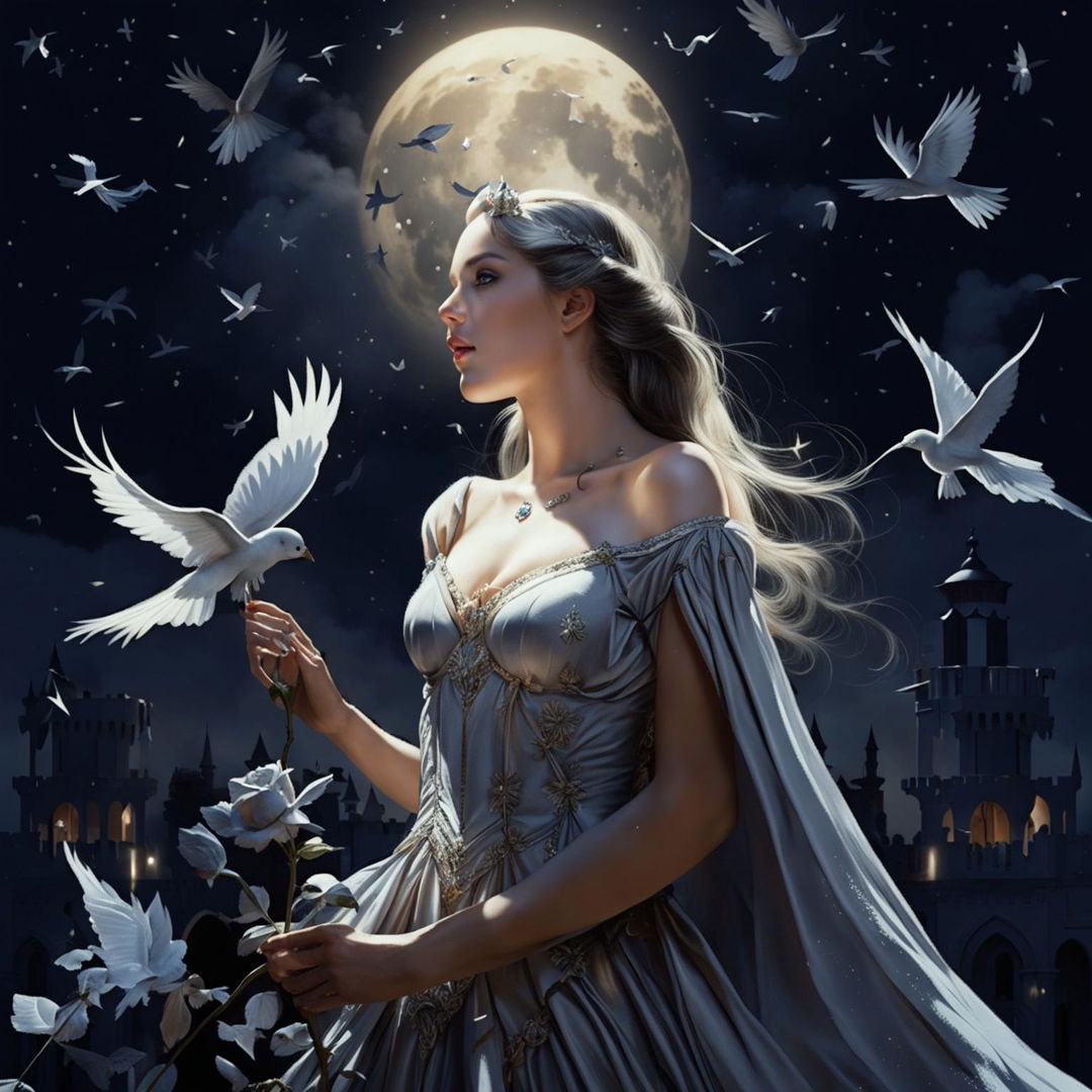 A beautiful woman in princess attire stands under a full moon night, holding a gray rose and gazing at the sky with white birds flying around