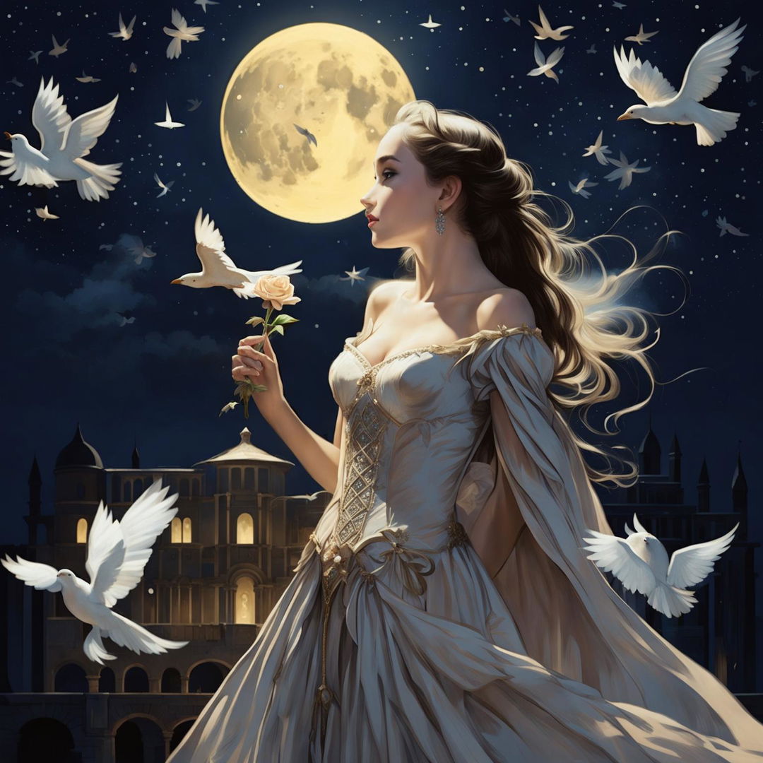 A beautiful woman in princess attire stands under a full moon night, holding a beige rose and gazing at the sky with white birds flying around