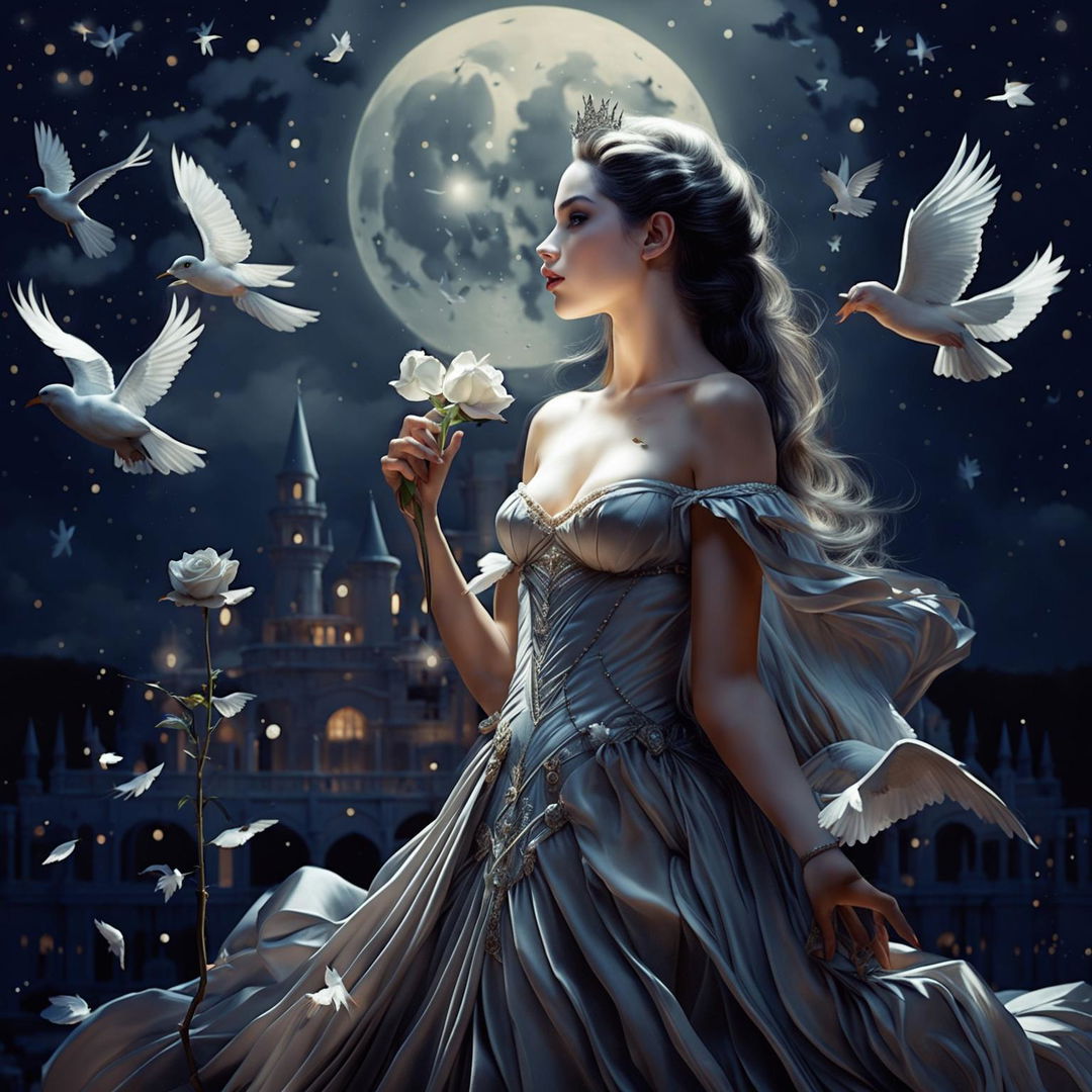 A beautiful woman in princess attire stands under a full moon night, holding a white-gray rose and gazing at the sky with white birds flying around