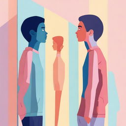 A young person standing in front of a mirror, one side reflecting their male self and the other side reflecting their female self