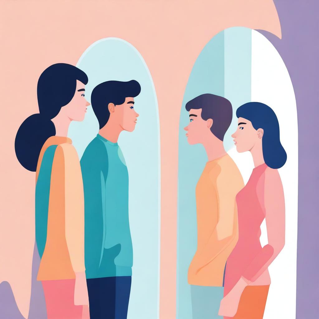 A young person standing in front of a mirror, one side reflecting their male self and the other side reflecting their female self