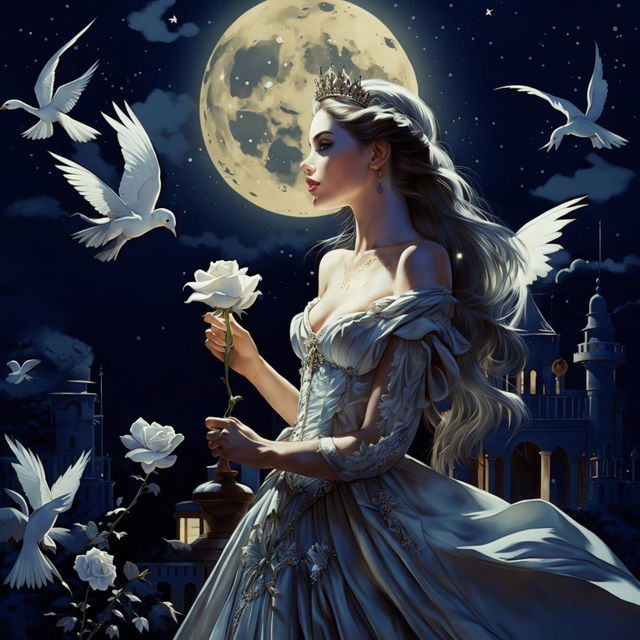 A beautiful woman in princess attire stands under a full moon night, holding a white-gray rose and gazing at the sky with white birds flying around