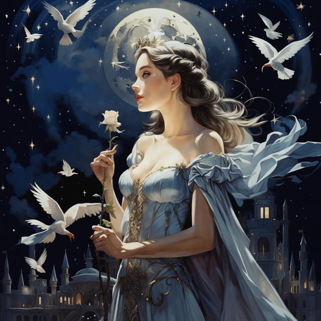 A beautiful woman in princess attire stands under a full moon night, holding an aluminum-colored rose and gazing at the sky with white birds flying around