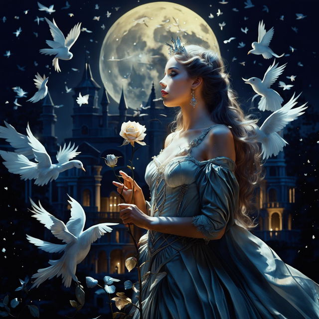 A beautiful woman in princess attire stands under a full moon night, holding an aluminum-colored rose and gazing at the sky with white birds flying around