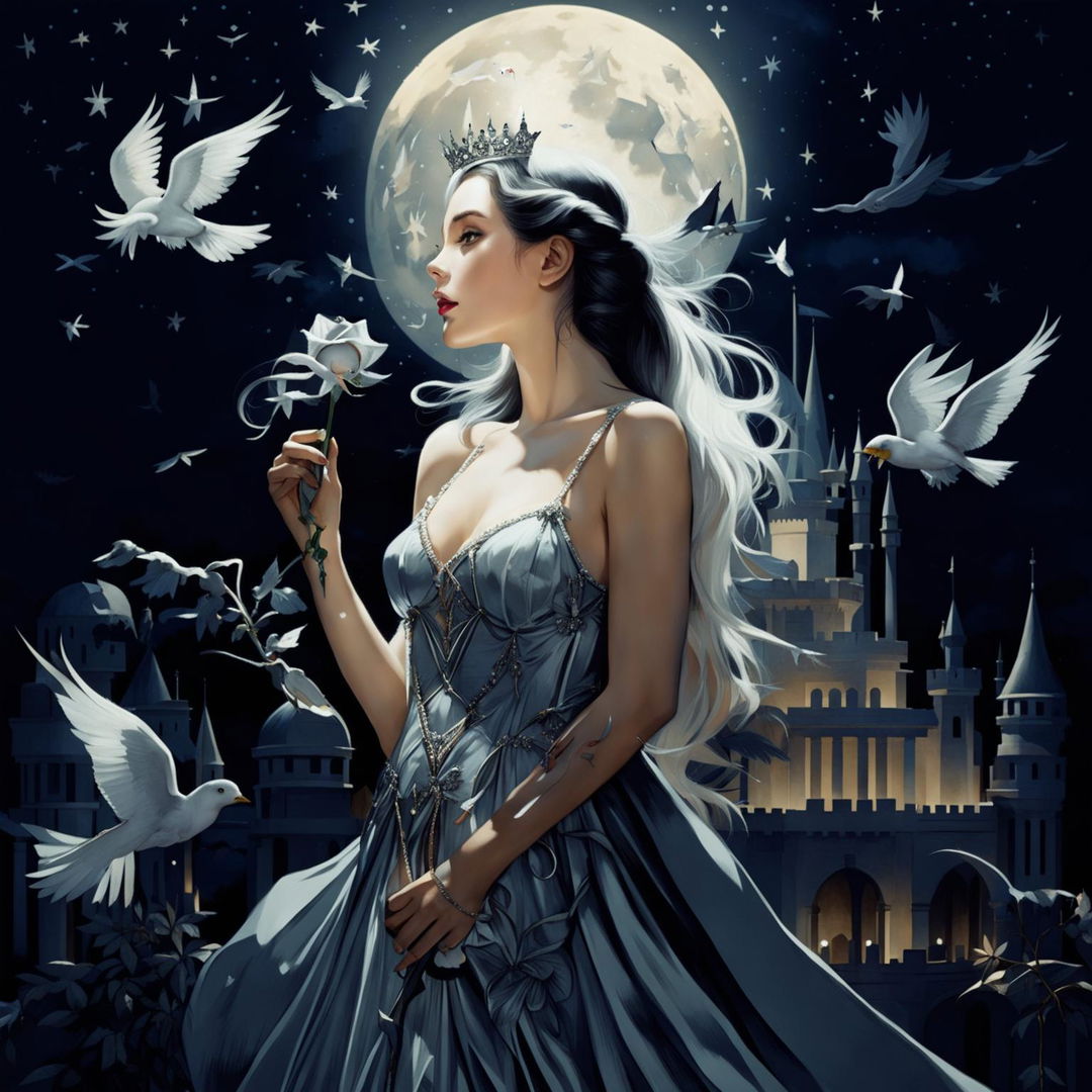 A beautiful woman in princess attire stands under a full moon night, holding a silver-gray rose and gazing at the sky with white birds flying around