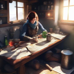 A realistic, ultra-high-definition image of an adventurer leaning heavily on a bar table