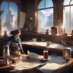 A realistic, ultra-high-definition image of an adventurer leaning heavily on a bar table