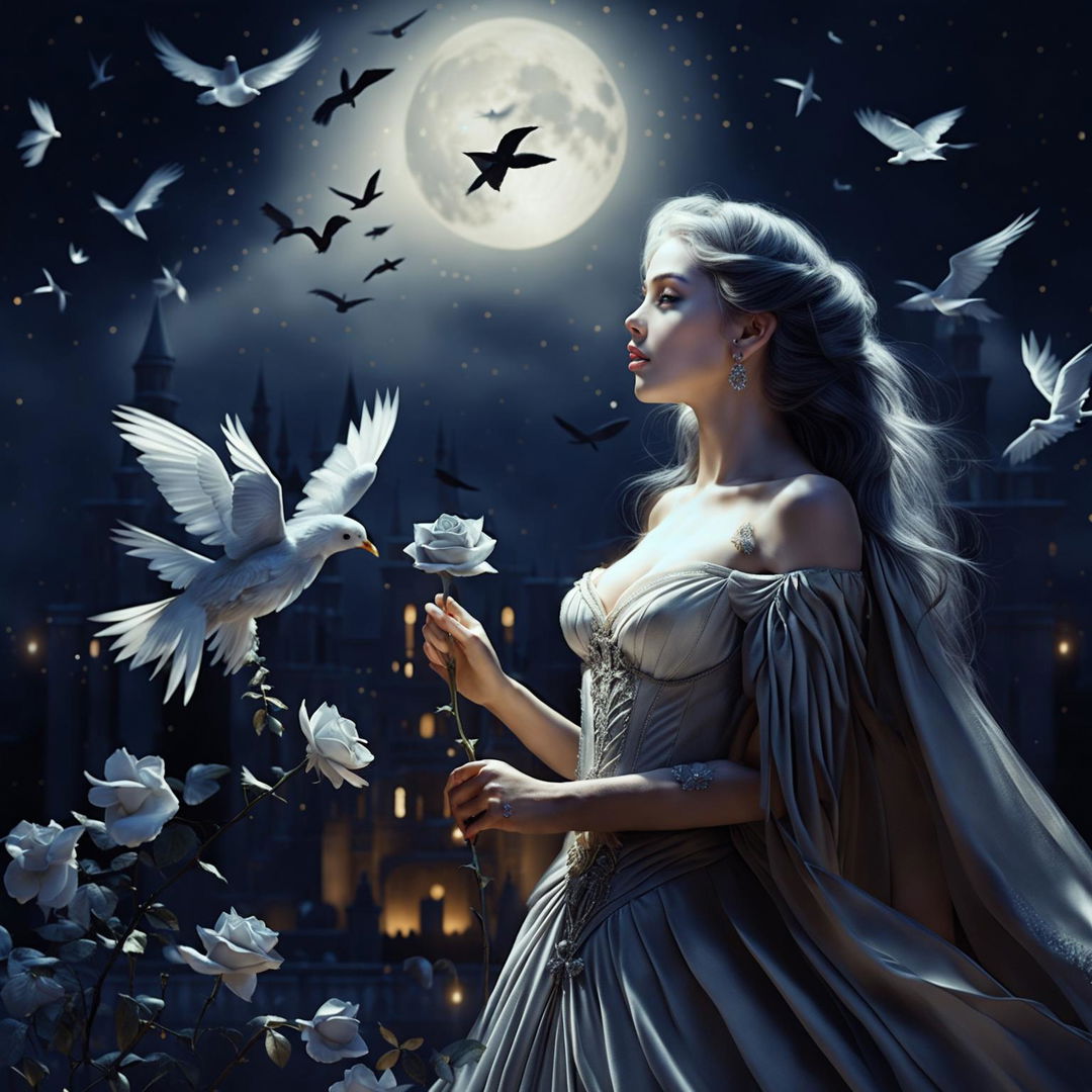 A beautiful woman in princess attire stands under a full moon night, holding a silver-gray rose and gazing at the sky with white birds flying around