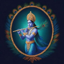 A radiant and ethereal logo featuring Lord Krishna playing his celestial flute amidst a backdrop of resplendent peacock feathers.