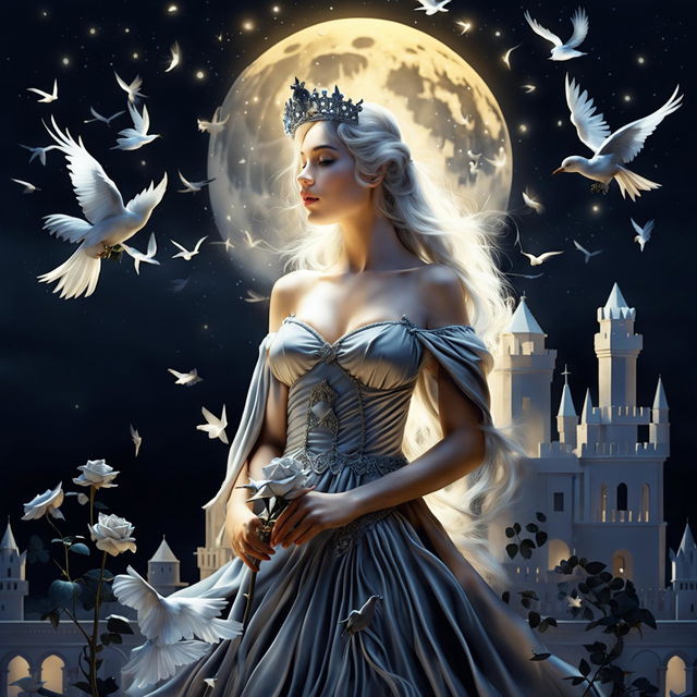 A beautiful woman in princess attire with a crown holds a silver-gray rose under a full moon night