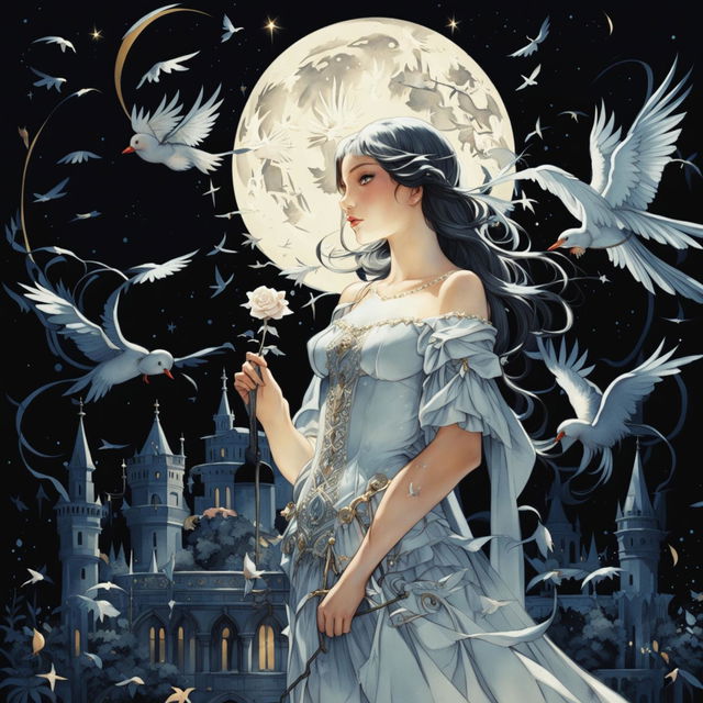 A beautiful princess holds a silver-gray rose under a full moon night