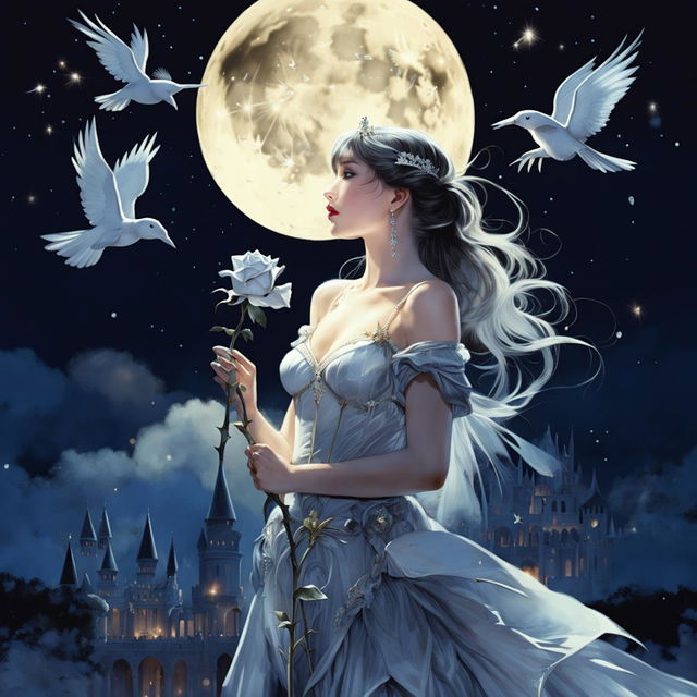 A beautiful woman in princess attire stands under a full moon night, holding a large silver-gray rose and gazing at the sky with white birds flying around