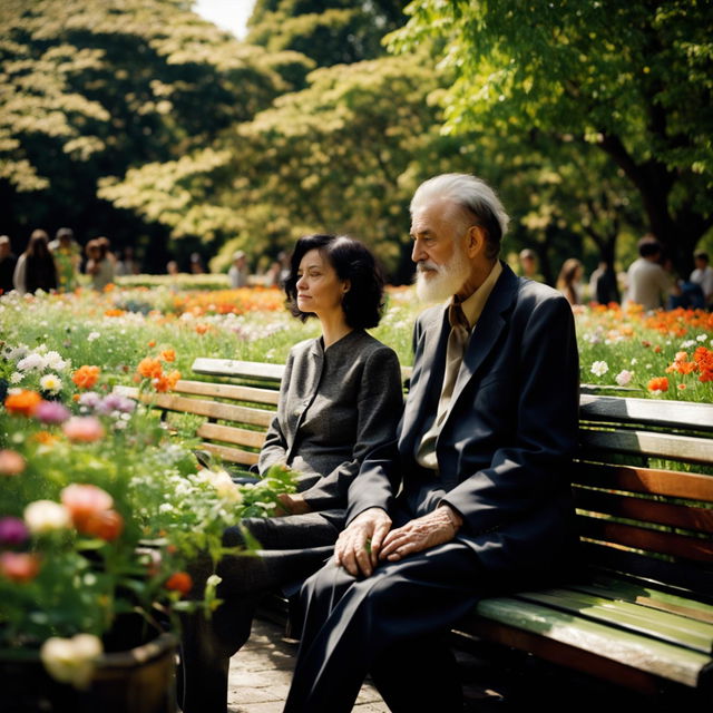 In a leafy garden, a woman with short black hair and an elderly man with a gray beard sit on a bench, enjoying a serene moment together