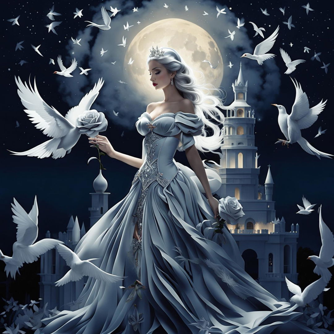 A beautiful woman in princess attire holds a large silver-gray rose under a full moon night