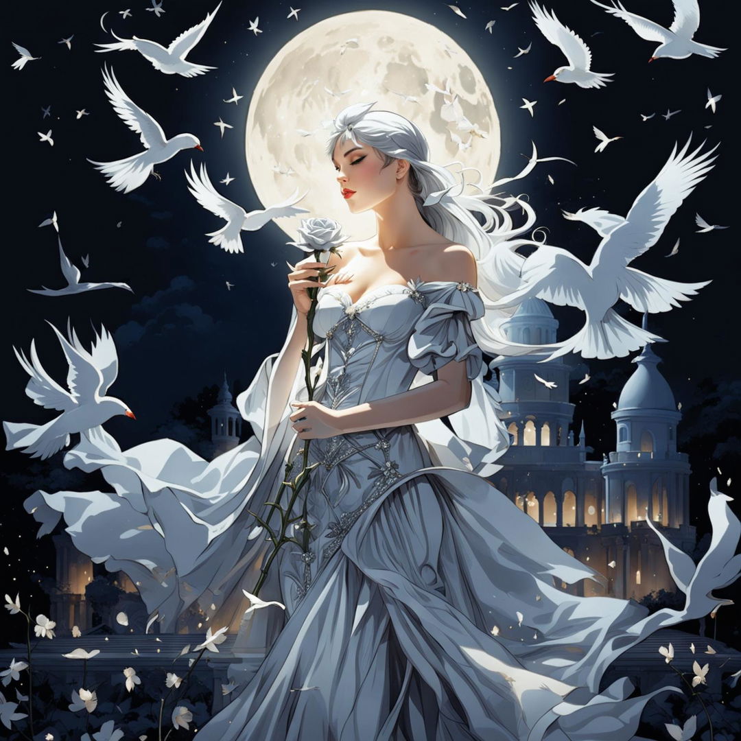 A beautiful woman in princess attire holds a large silver-gray rose under a very bright full moon night