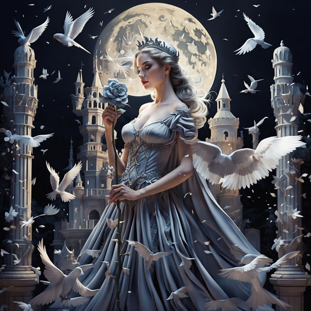 A beautiful woman in princess attire stands in a grand castle, holding a large silver-gray rose under a bright full moon with white birds flying around