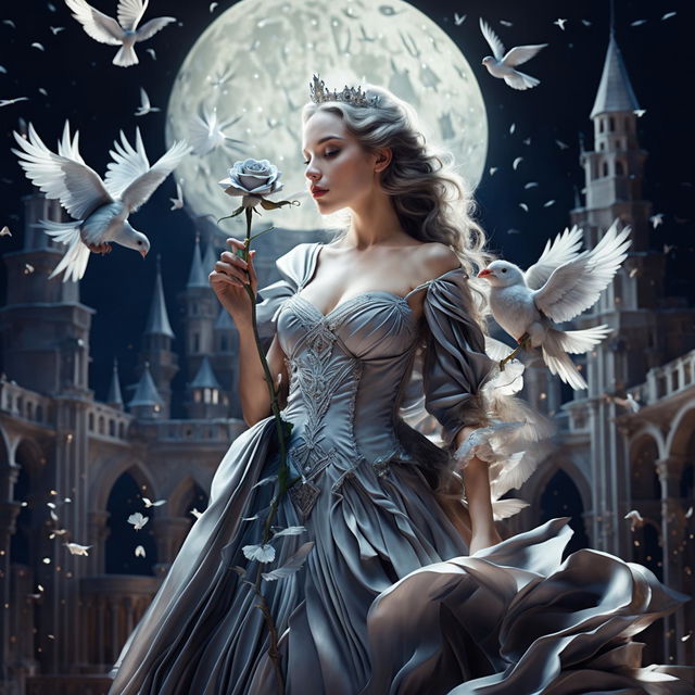 A beautiful princess in a grand castle, holding a large silver-gray rose under a bright full moon