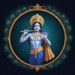 A radiant and ethereal logo featuring Lord Krishna playing his celestial flute amidst a backdrop of resplendent peacock feathers.