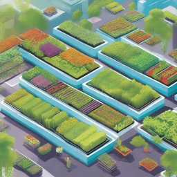 A vibrant and lush scene depicting alternative agriculture practices, such as vertical farming, hydroponics, and urban gardening