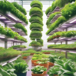 A vibrant and lush scene depicting alternative agriculture practices, such as vertical farming, hydroponics, and urban gardening