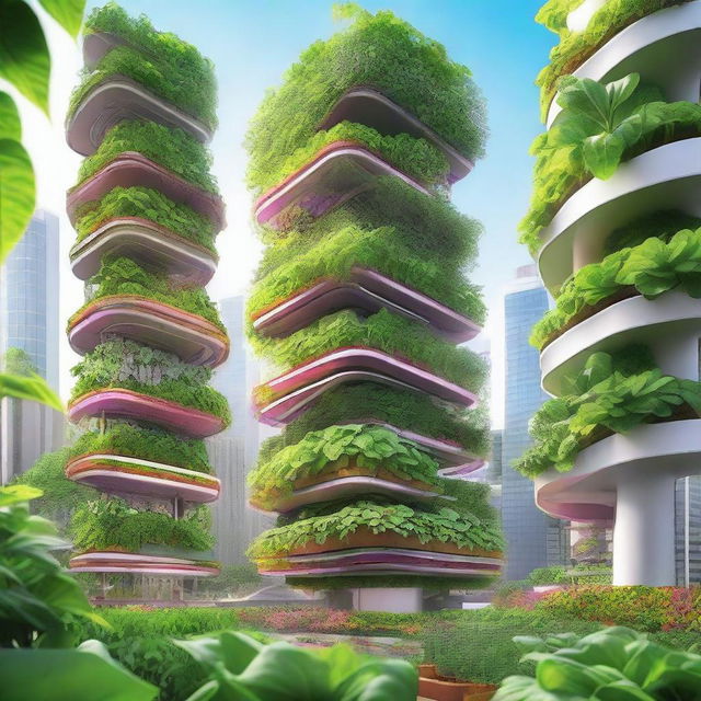 A vibrant and lush scene depicting alternative agriculture practices, such as vertical farming, hydroponics, and urban gardening