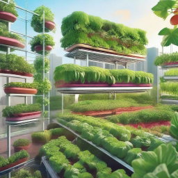 A vibrant and lush scene depicting alternative agriculture practices, such as vertical farming, hydroponics, and urban gardening