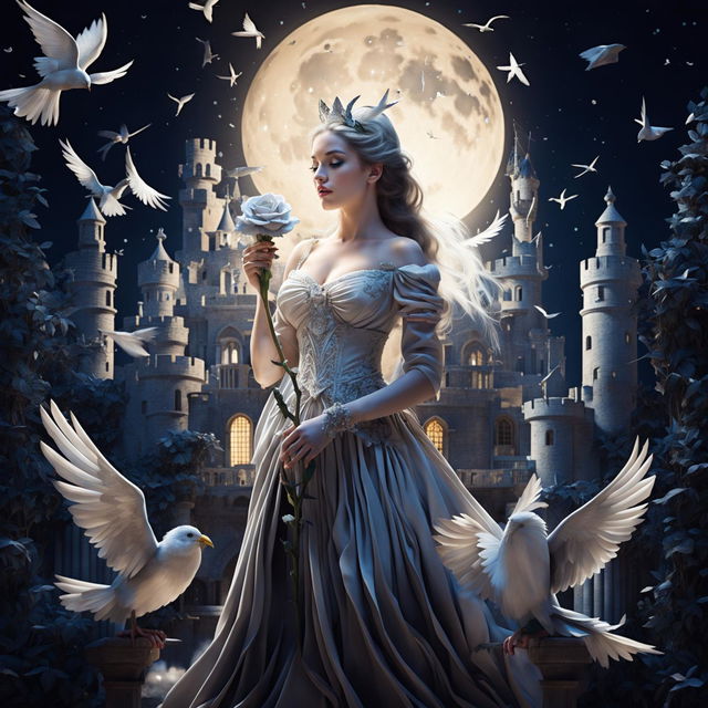 A beautiful woman in princess attire stands in a grand castle, holding a large white-gray rose under a bright full moon with four white birds flying around