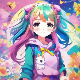 A young girl in an anime style, with large expressive eyes, colorful hair, and wearing a cute outfit