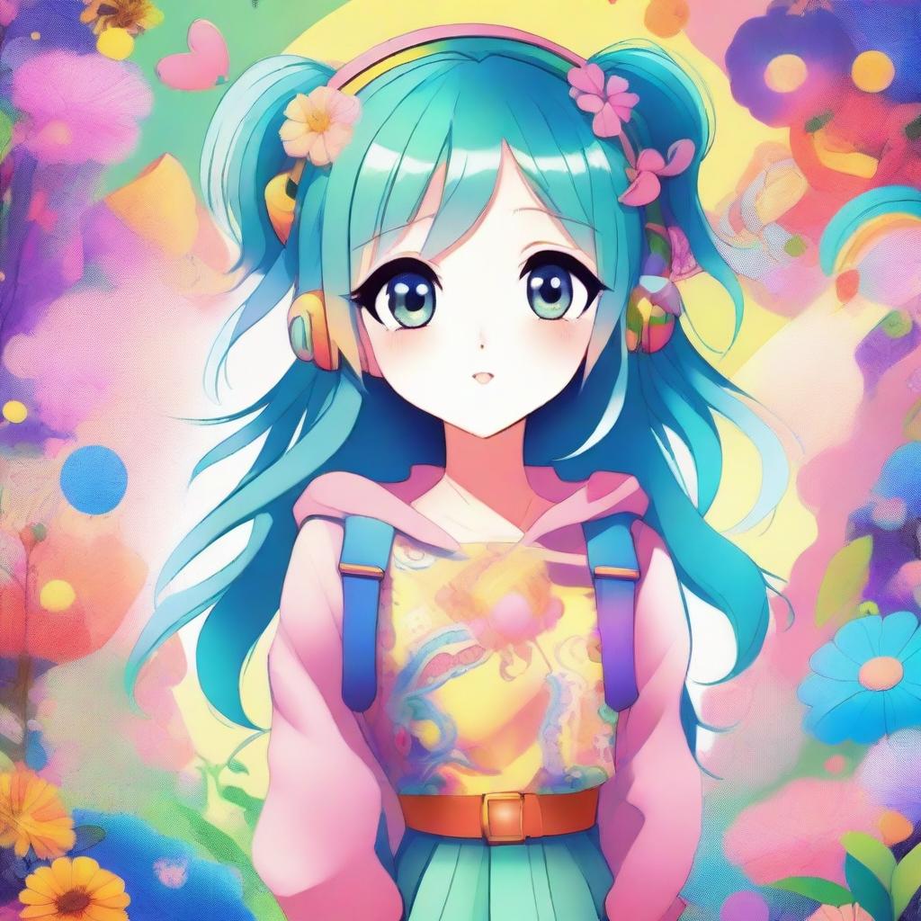 A young girl in an anime style, with large expressive eyes, colorful hair, and wearing a cute outfit