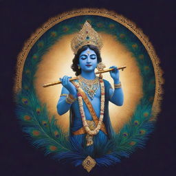 A radiant and ethereal logo featuring Lord Krishna playing his celestial flute amidst a backdrop of resplendent peacock feathers.