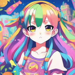 A young girl in an anime style, with large expressive eyes, colorful hair, and wearing a cute outfit