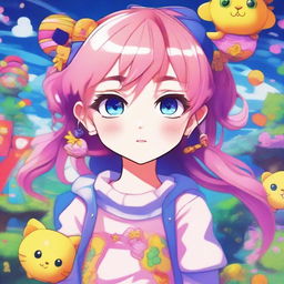 A young girl in an anime style, with large expressive eyes, colorful hair, and wearing a cute outfit