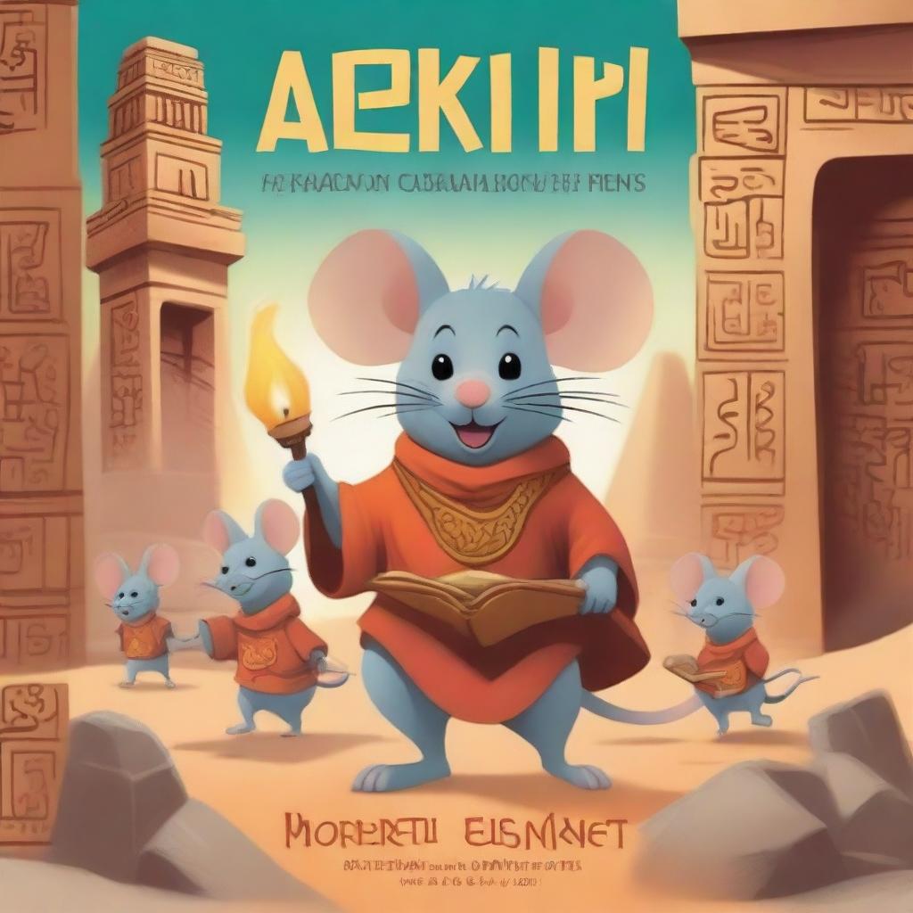 A book cover featuring an adventurous mouse and his group exploring an ancient temple