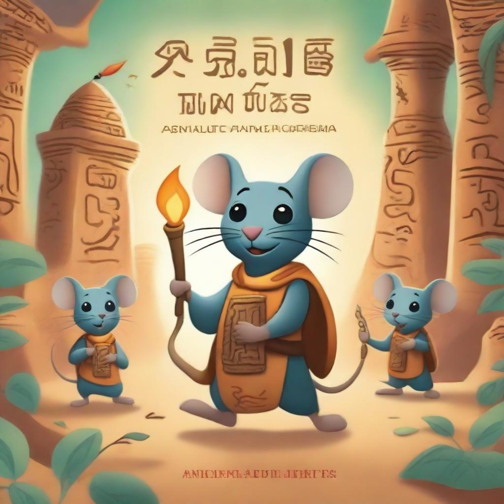 A book cover featuring an adventurous mouse and his group exploring an ancient temple